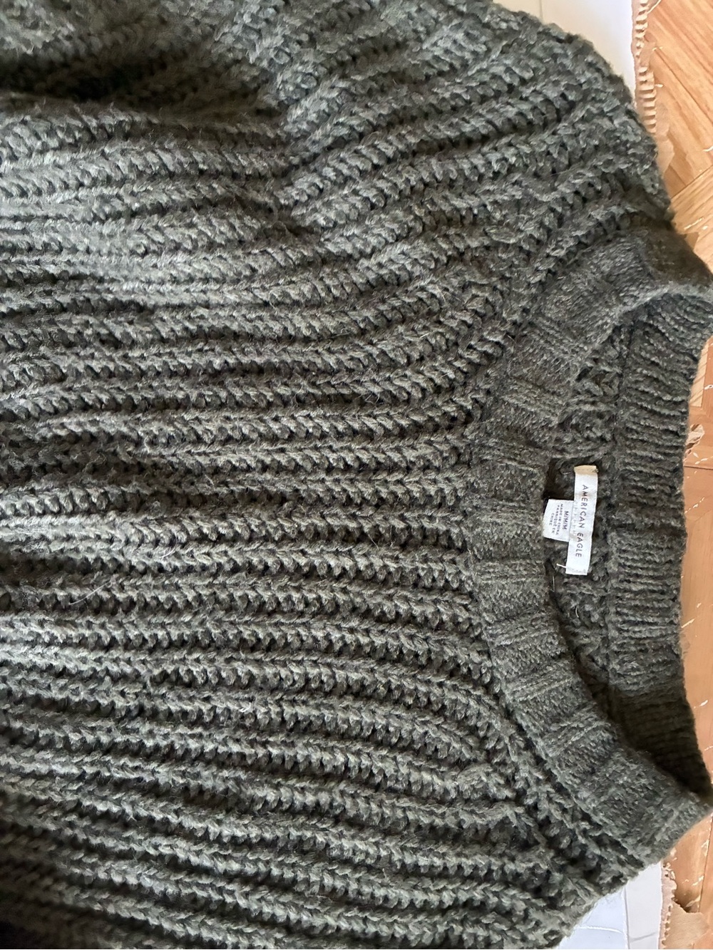 American Eagle Olive Green Chunky Cable Crewneck Sweater